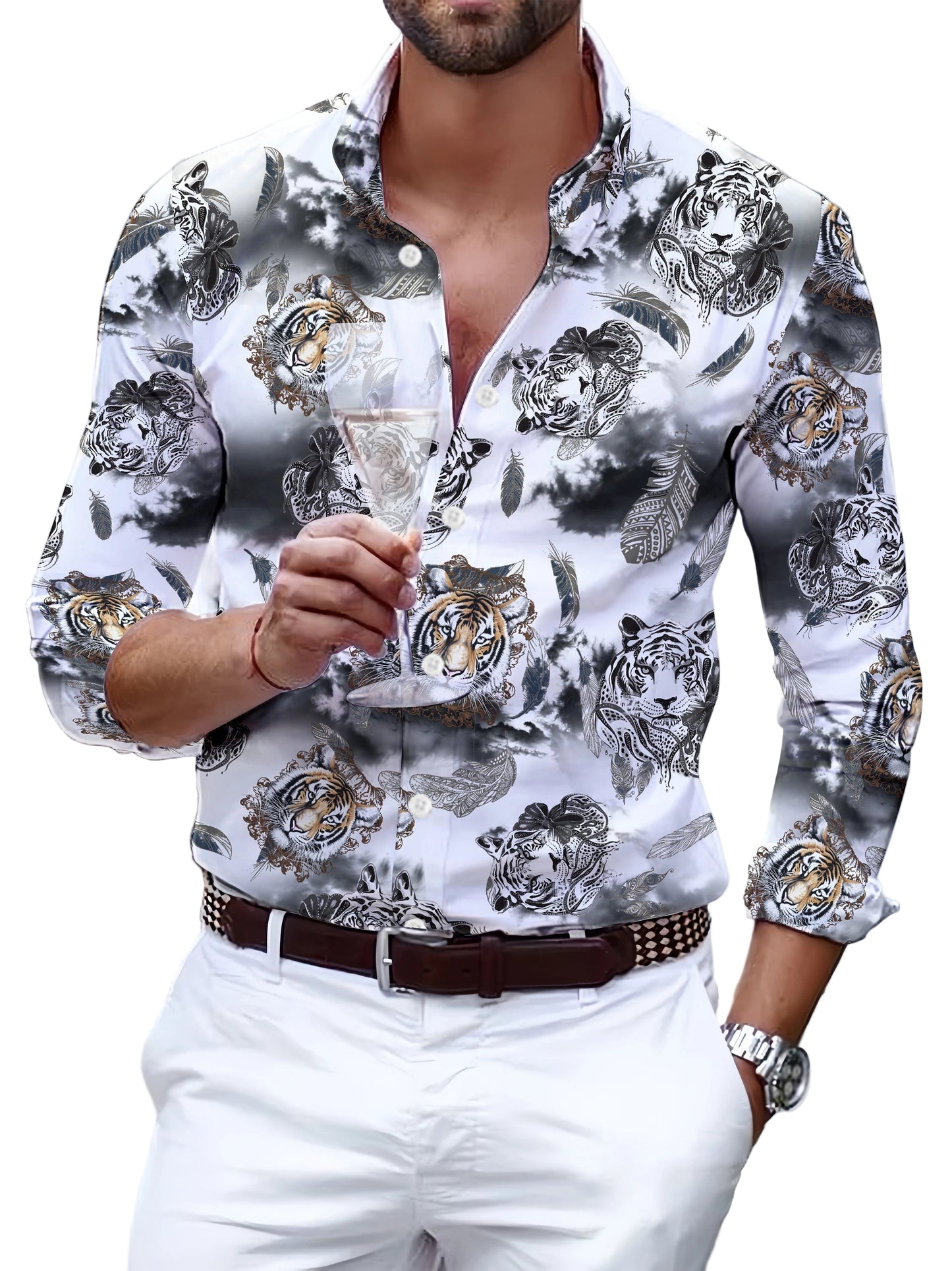 Men's Tiger & Leopard Feather Print Long Sleeve Shirt
