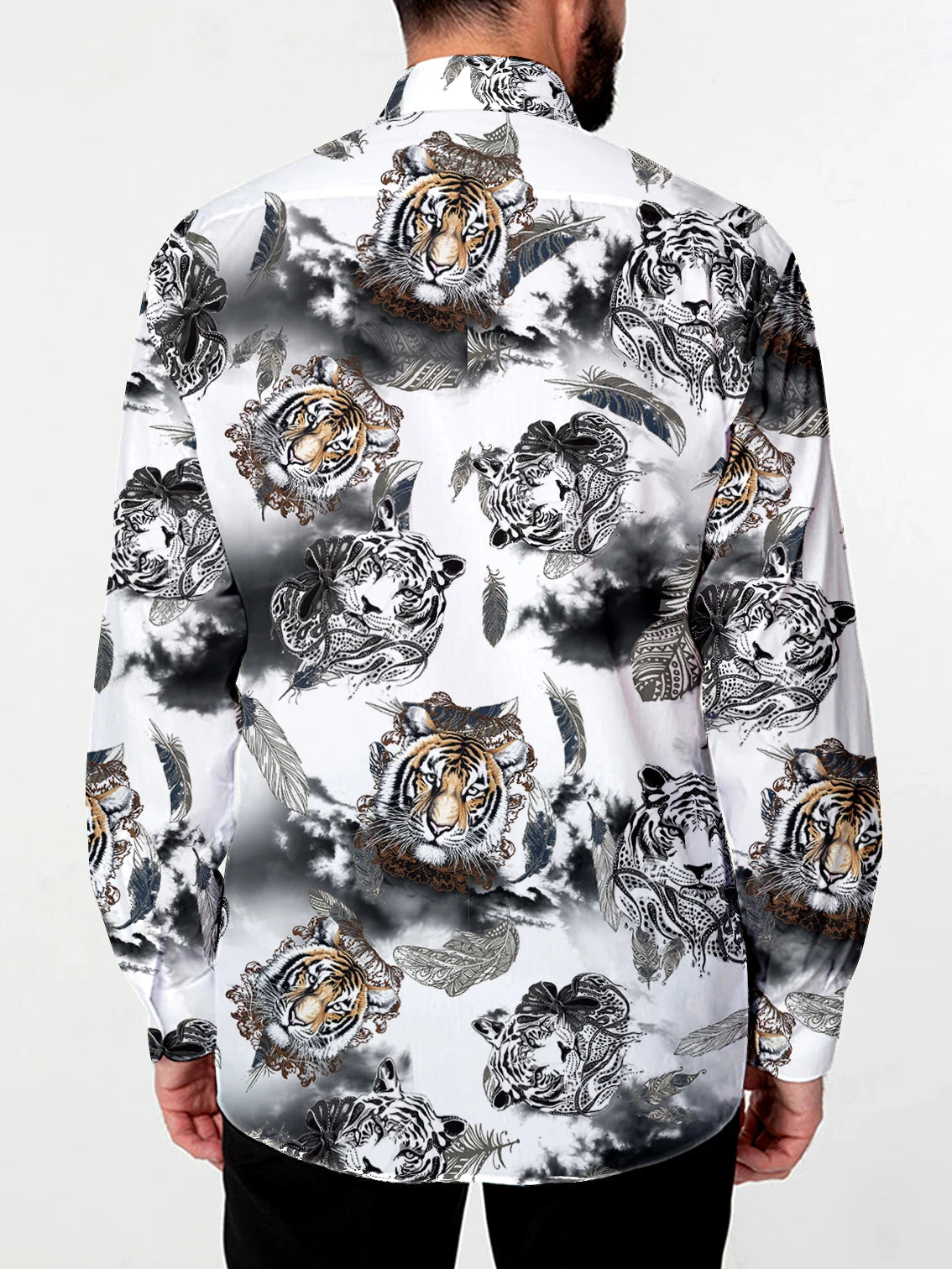 Men's Tiger & Leopard Feather Print Long Sleeve Shirt