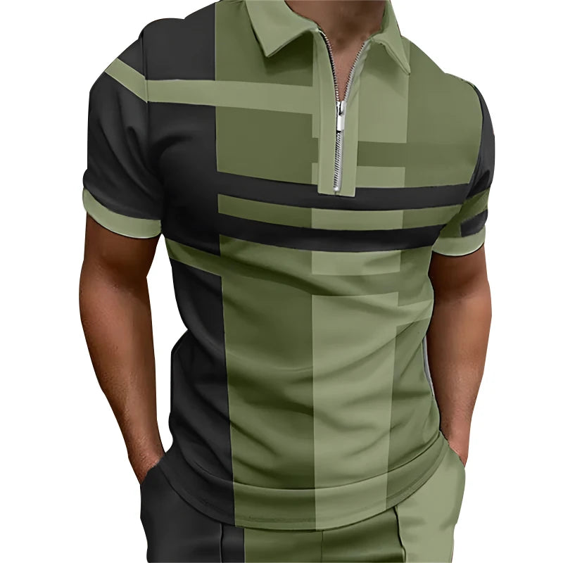 Men's Color Block Zipper Polo Shirt