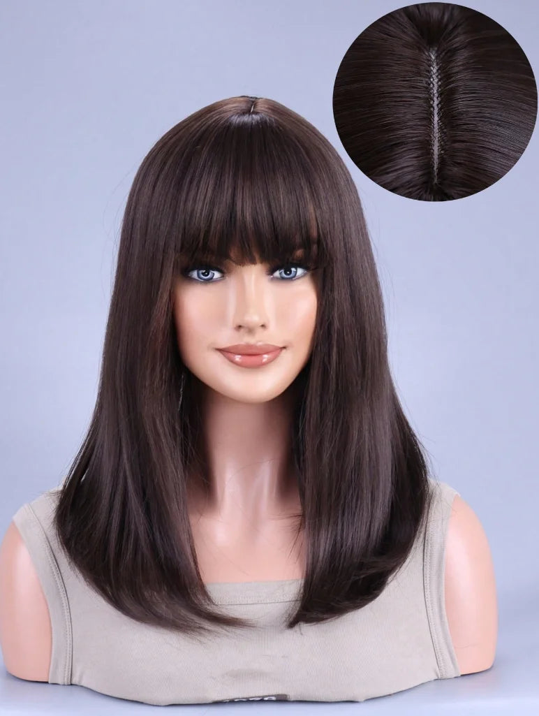 Black Brown Synthetic Wig with Bangs
