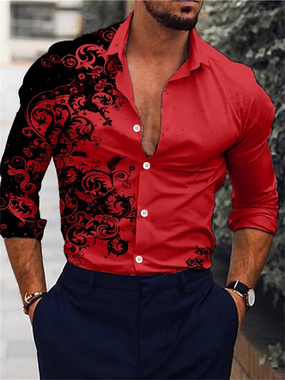 Men’s Elegant Pink Hawaiian Long Sleeve Shirt