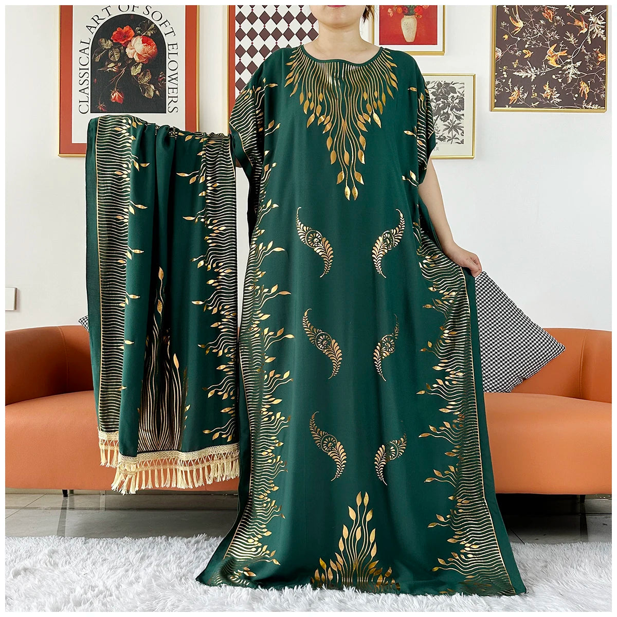Women Dubai Print Caftan Dress with Headscarf