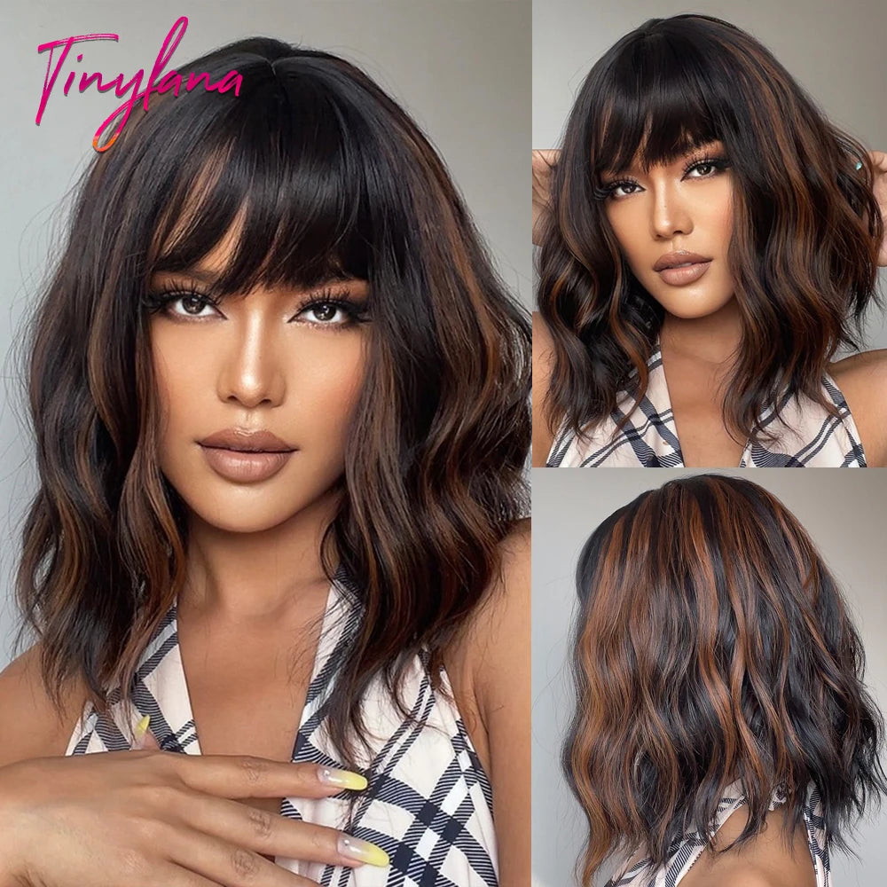 Synthetic Short Wavy Colored Wig with Bangs