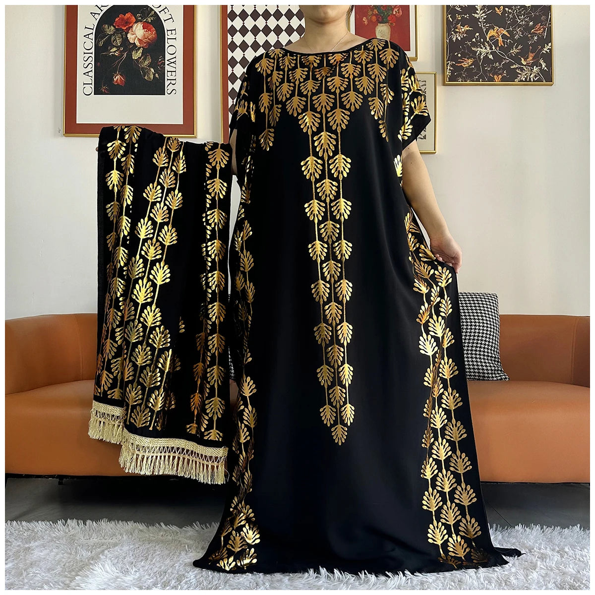 Women Dubai Print Caftan Dress with Headscarf