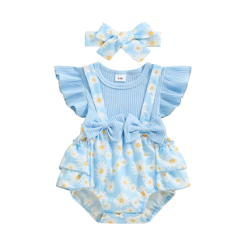 Baby Girls Flower Print Romper with Bow & Headband