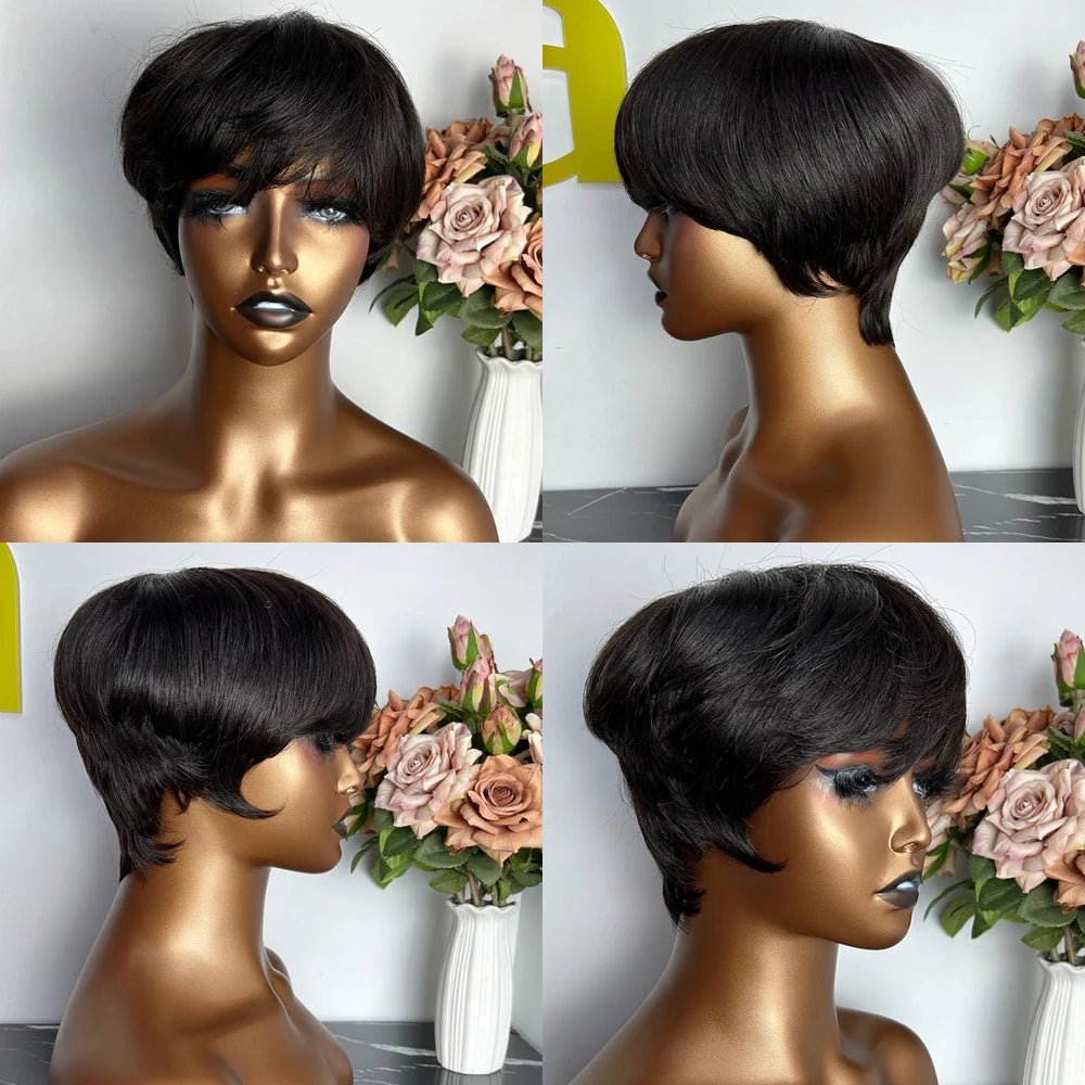 Short Pixie Human Hair Wig with Bangs