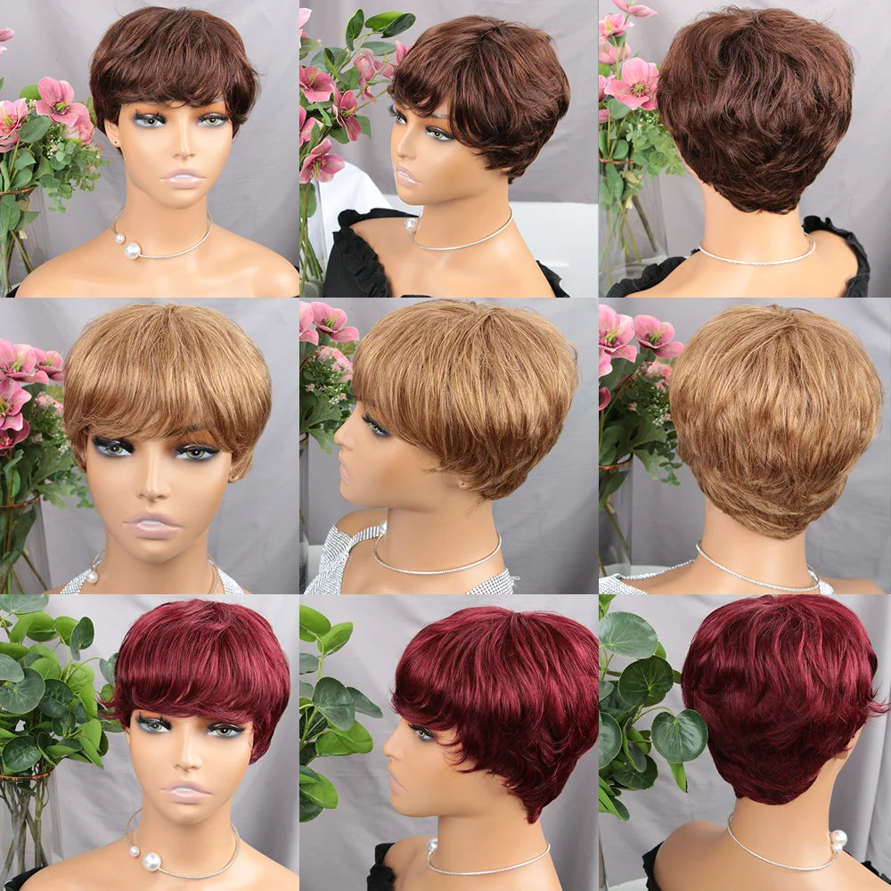 Brown Pixie Cut Human Hair Wig with Bangs