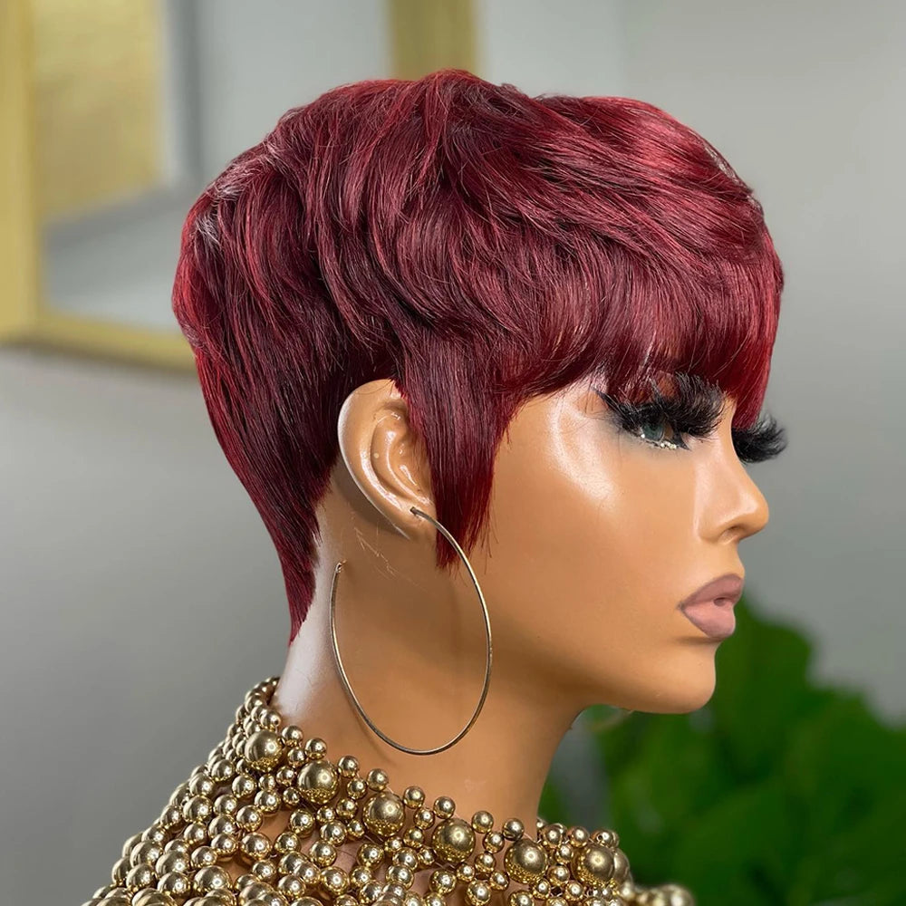 Brown Pixie Cut Human Hair Wig with Bangs