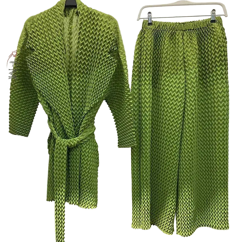 2 Pieces Pants Sets Pleated Belt Jacket With Elastic Waist Wide Leg Pants Female Fashion Clothing-party dresses-Top Super Deals-Free Item Online