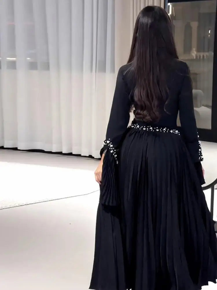 Pleated Black Rhinestone Evening Dress for Women