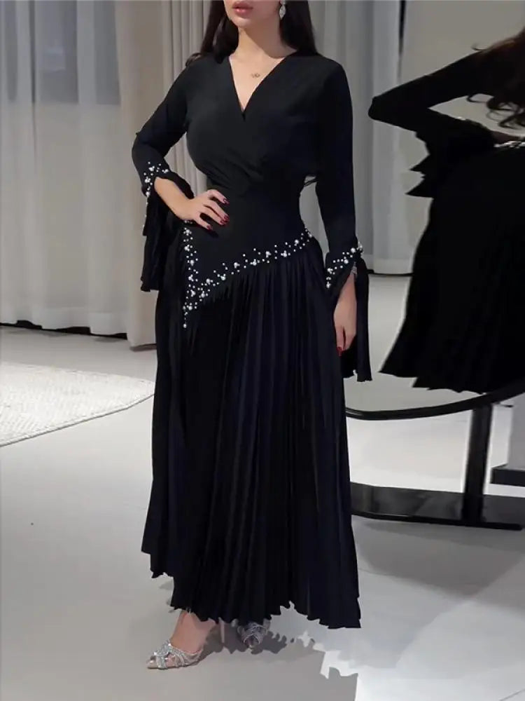 Pleated Black Rhinestone Evening Dress for Women