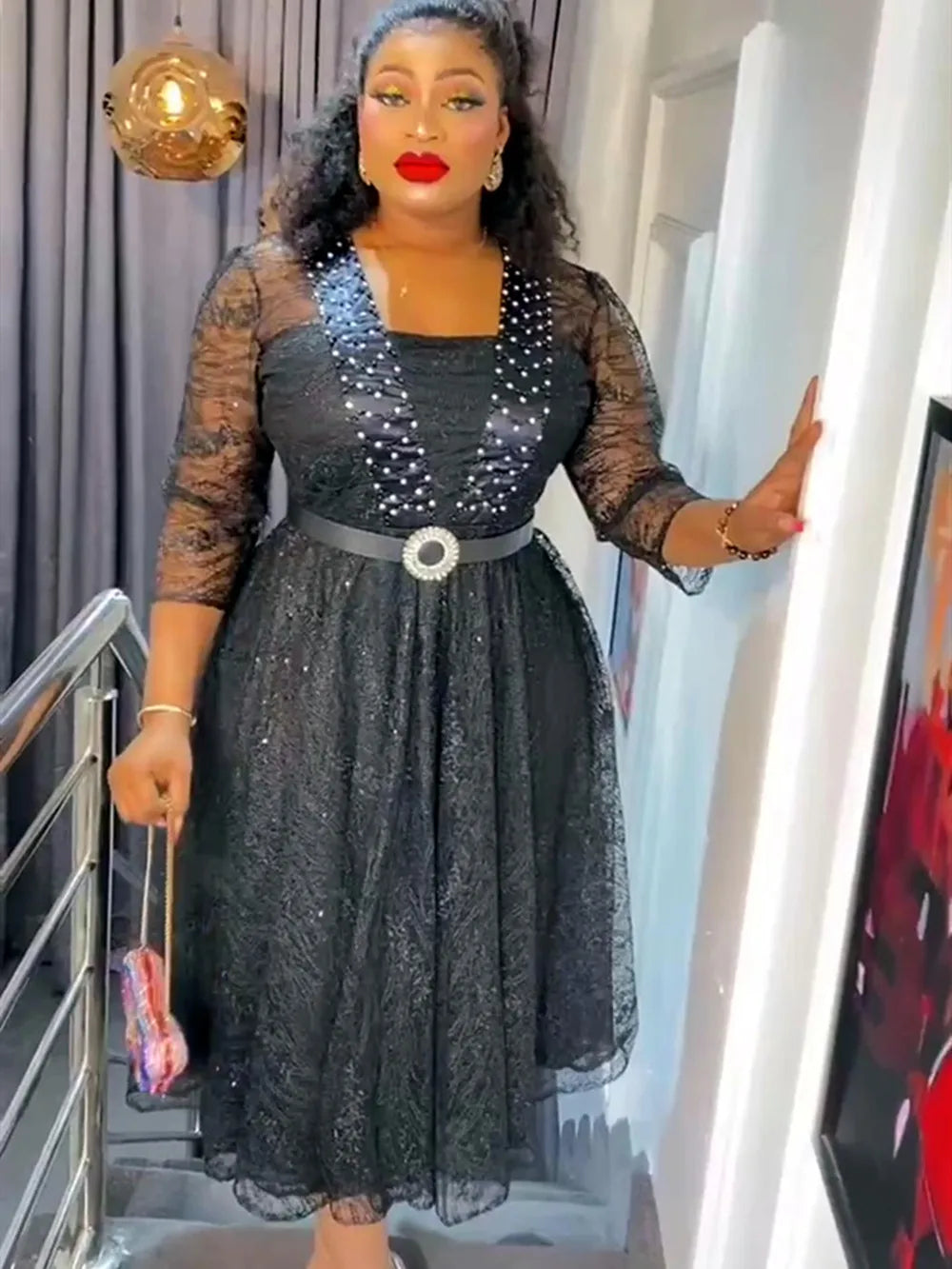 Elegant Black Lace African Dress