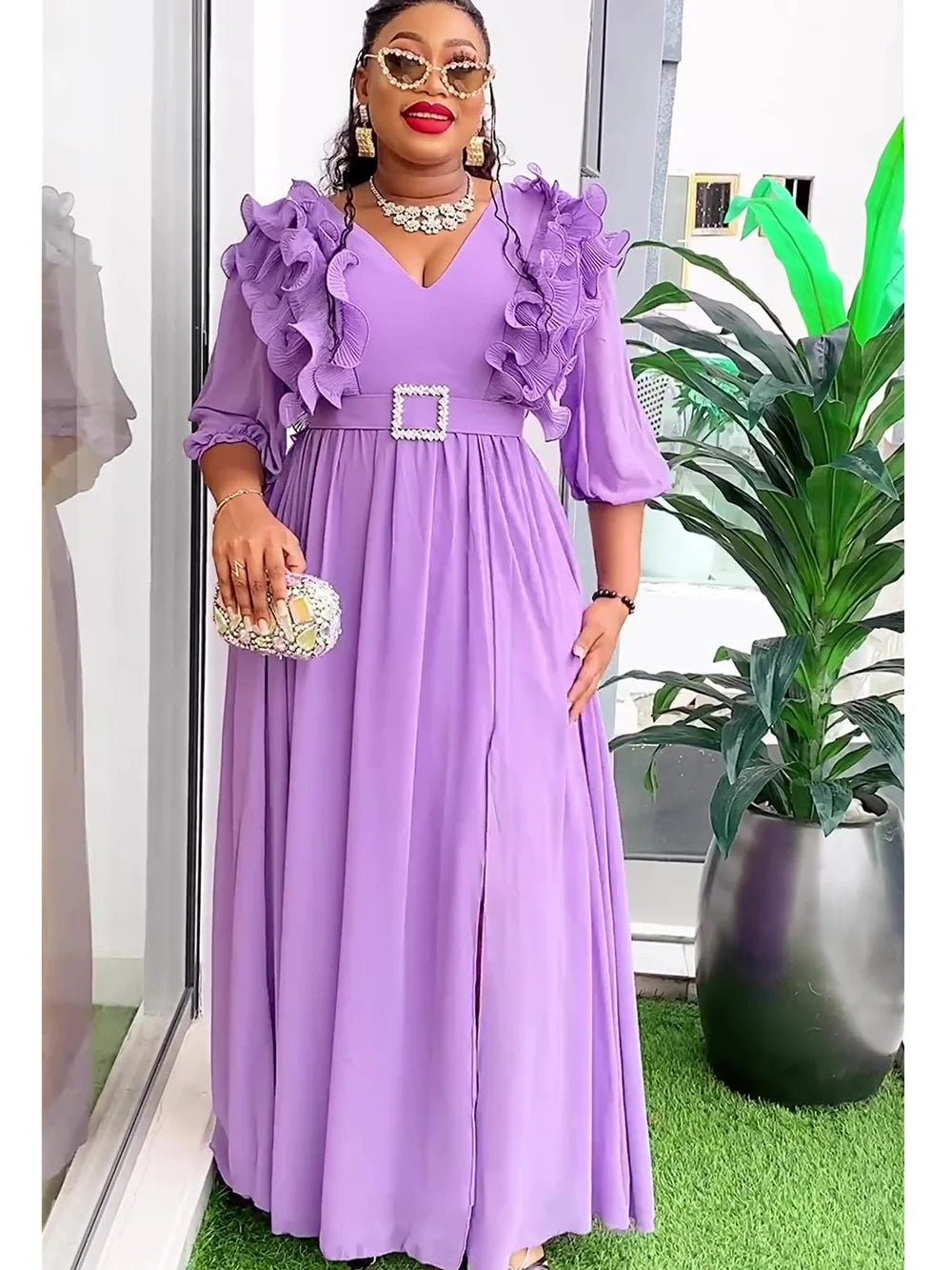 Elegant Plus Size African Chiffon Maxi Dress