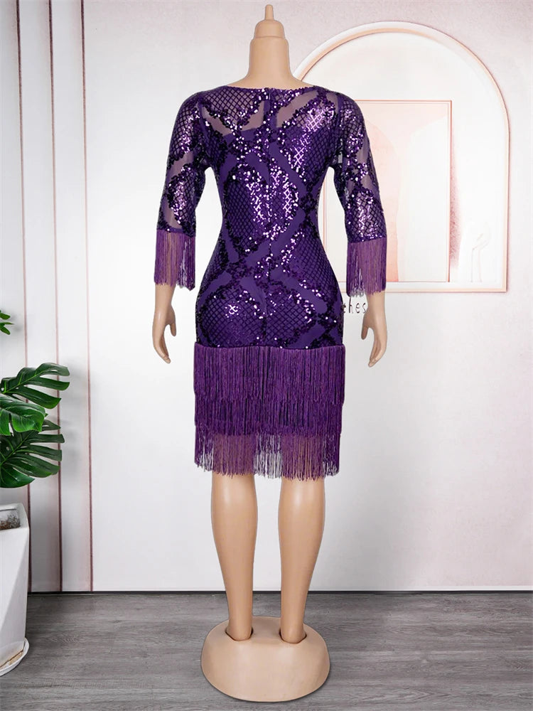 Elegant Tassel Sequin African Dress