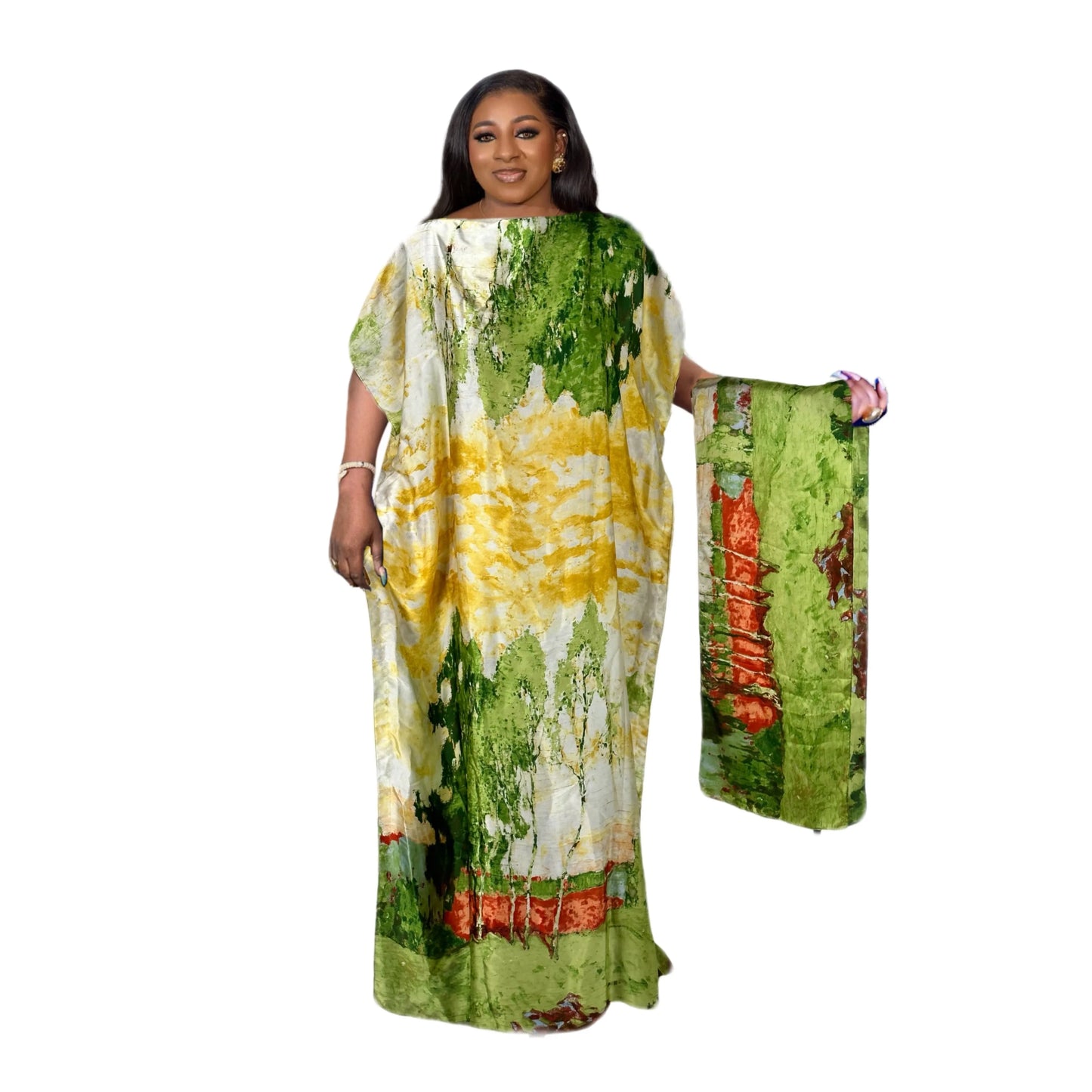 Women Printed Color Block Kaftan Maxi Dress + Headband