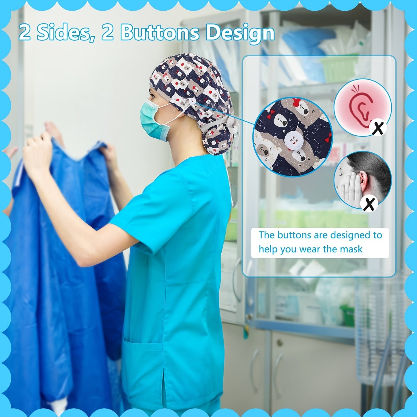 Scrub Caps with Buttons and Ribbon Tie -30pcs