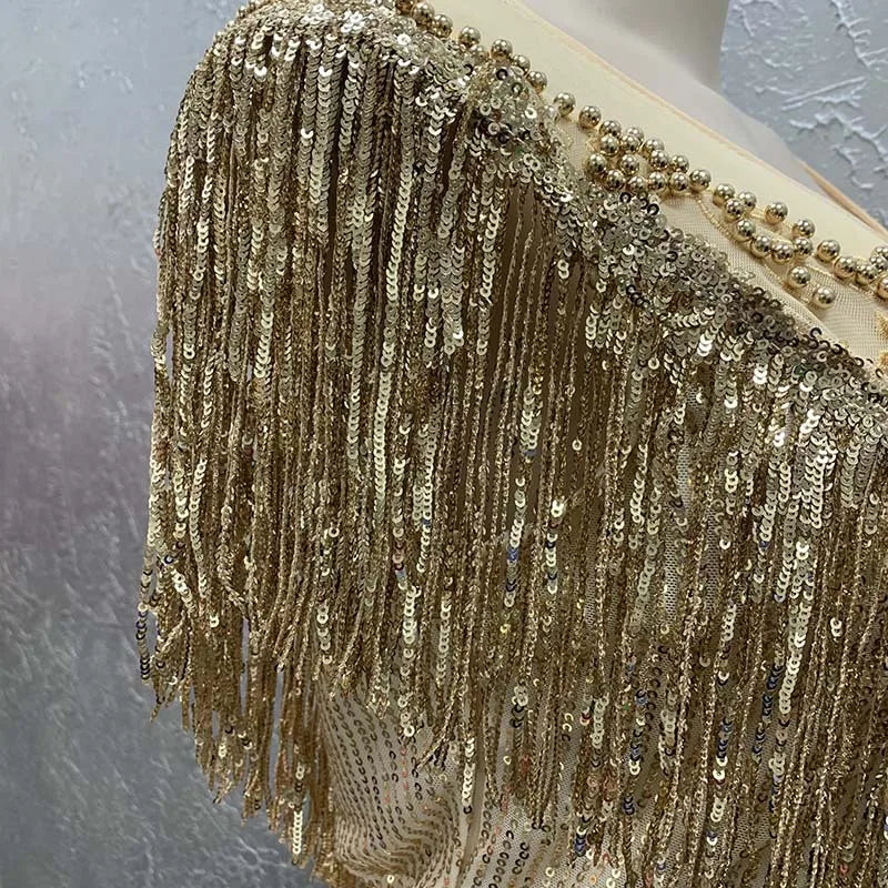 Long Sequin Party Gown with Tassel