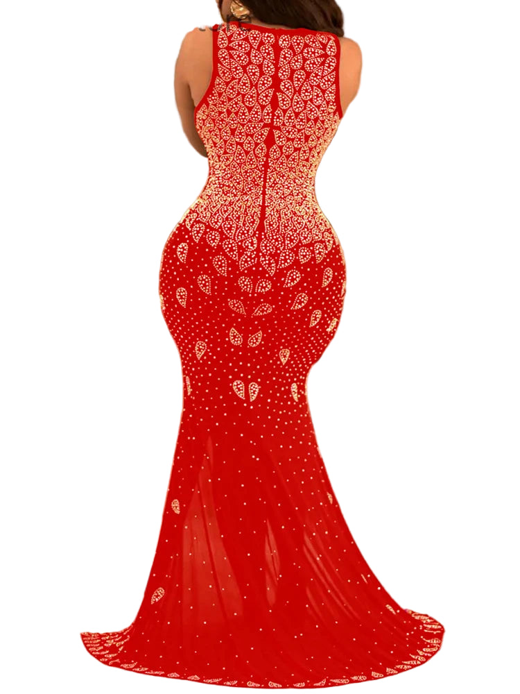 Sexy V-Neck Mesh Rhinestone Mermaid Dress