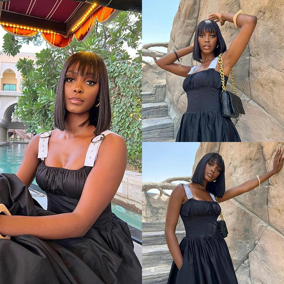 Bone Straight Human Hair Wig with Bangs