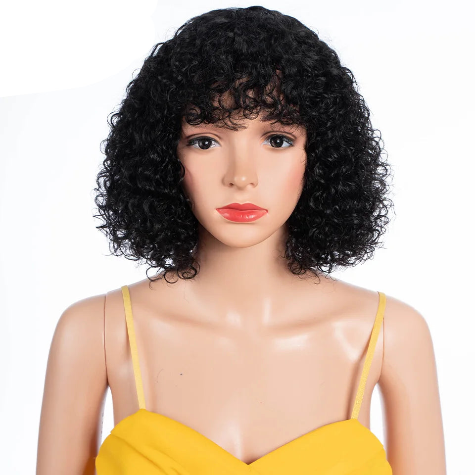 Short Jerry Curly Human Hair Wig with Bangs