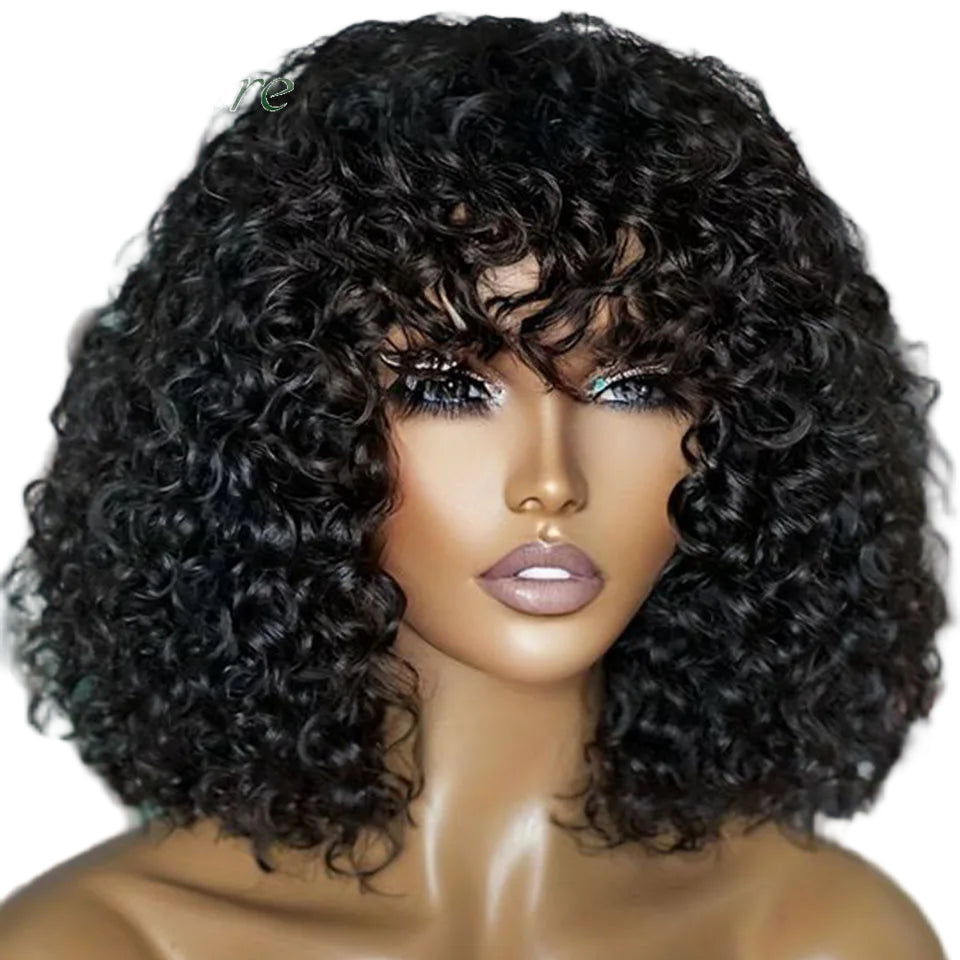 Short Jerry Curly Human Hair Wig with Bangs