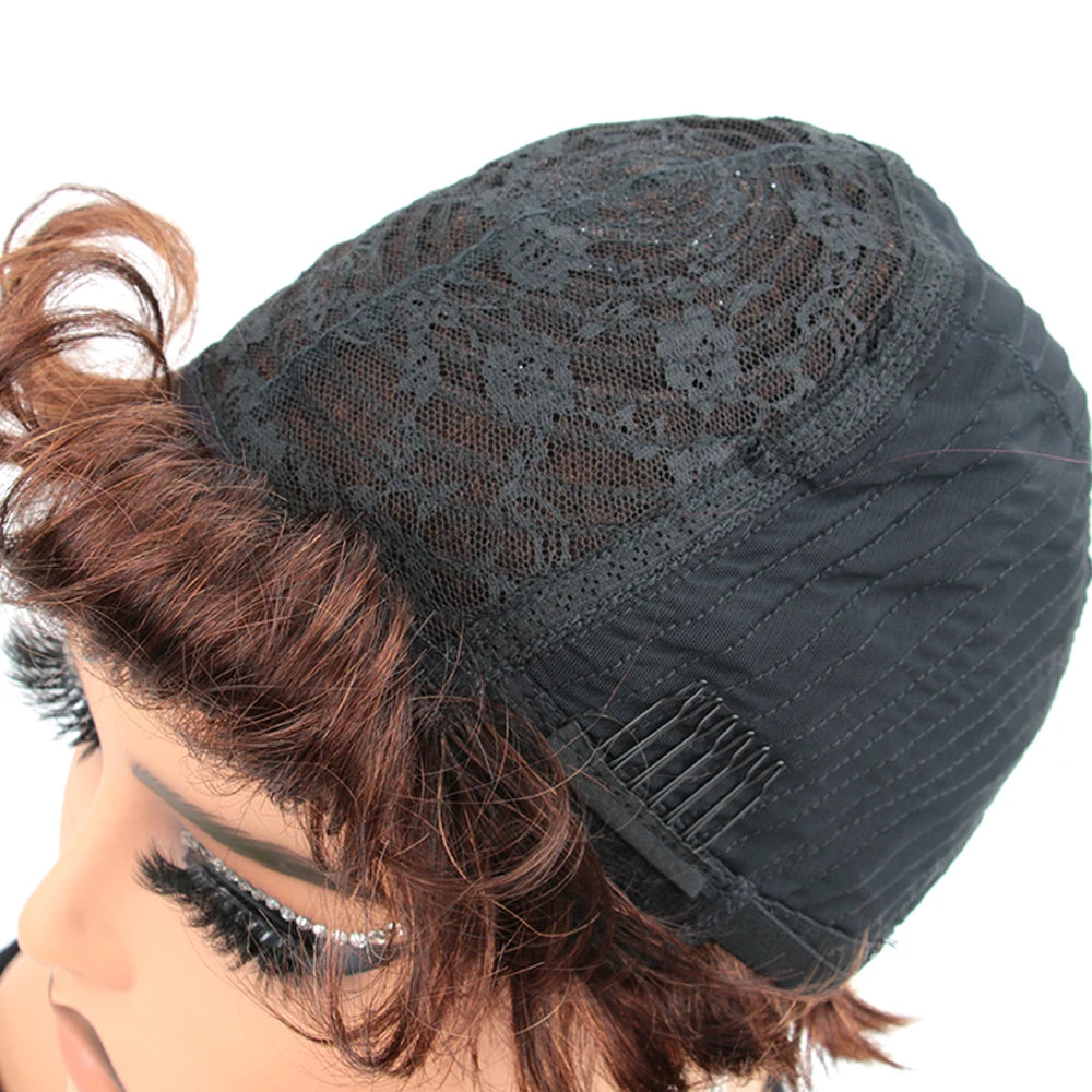 Brown Pixie Cut Human Hair Wig with Bangs