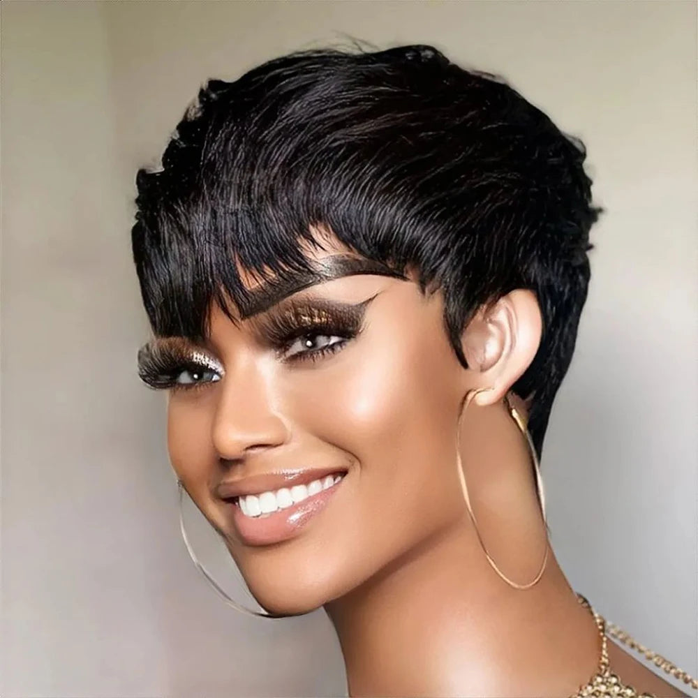Short Pixie Human Hair Wig with Bangs