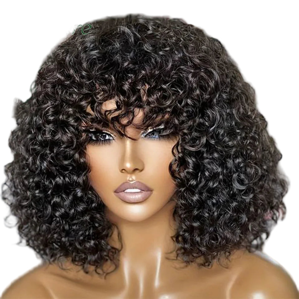 Short Jerry Curly Human Hair Wig with Bangs