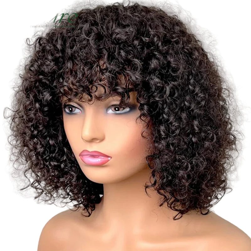Short Jerry Curly Human Hair Wig with Bangs