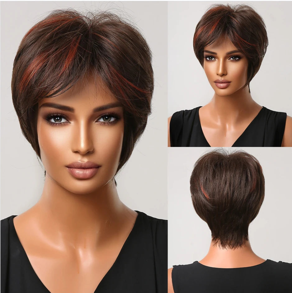 Dark Brown Layered Pixie Wig with fluffy Bangs