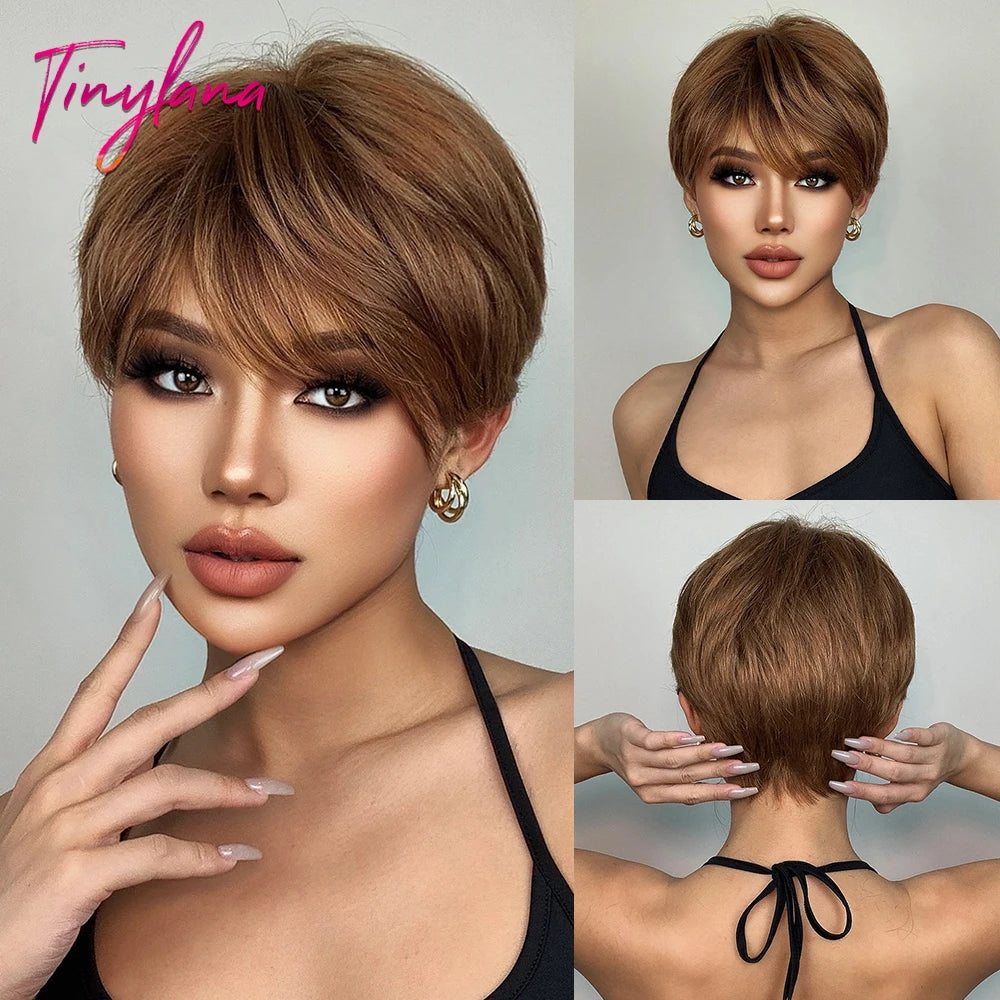 Dark Brown Layered Pixie Wig with fluffy Bangs