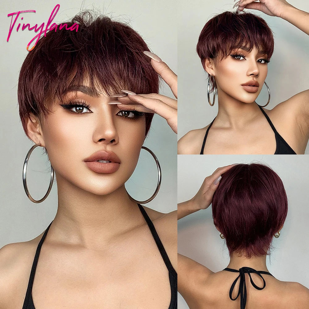 Dark Brown Layered Pixie Wig with fluffy Bangs