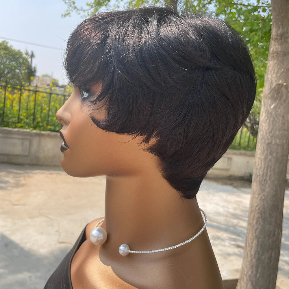 Short Pixie Human Hair Wig with Bangs