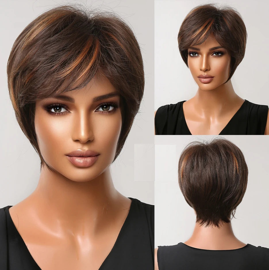 Dark Brown Layered Pixie Wig with fluffy Bangs