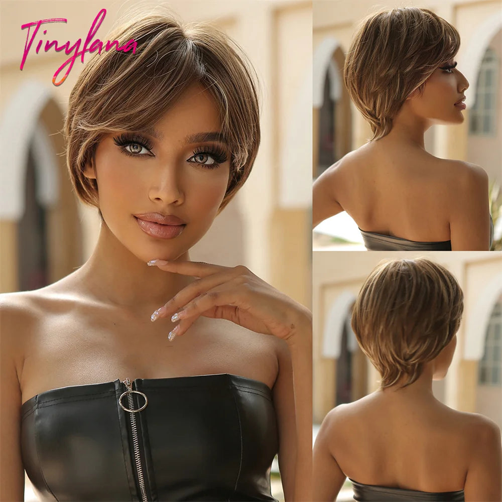 Dark Brown Layered Pixie Wig with fluffy Bangs