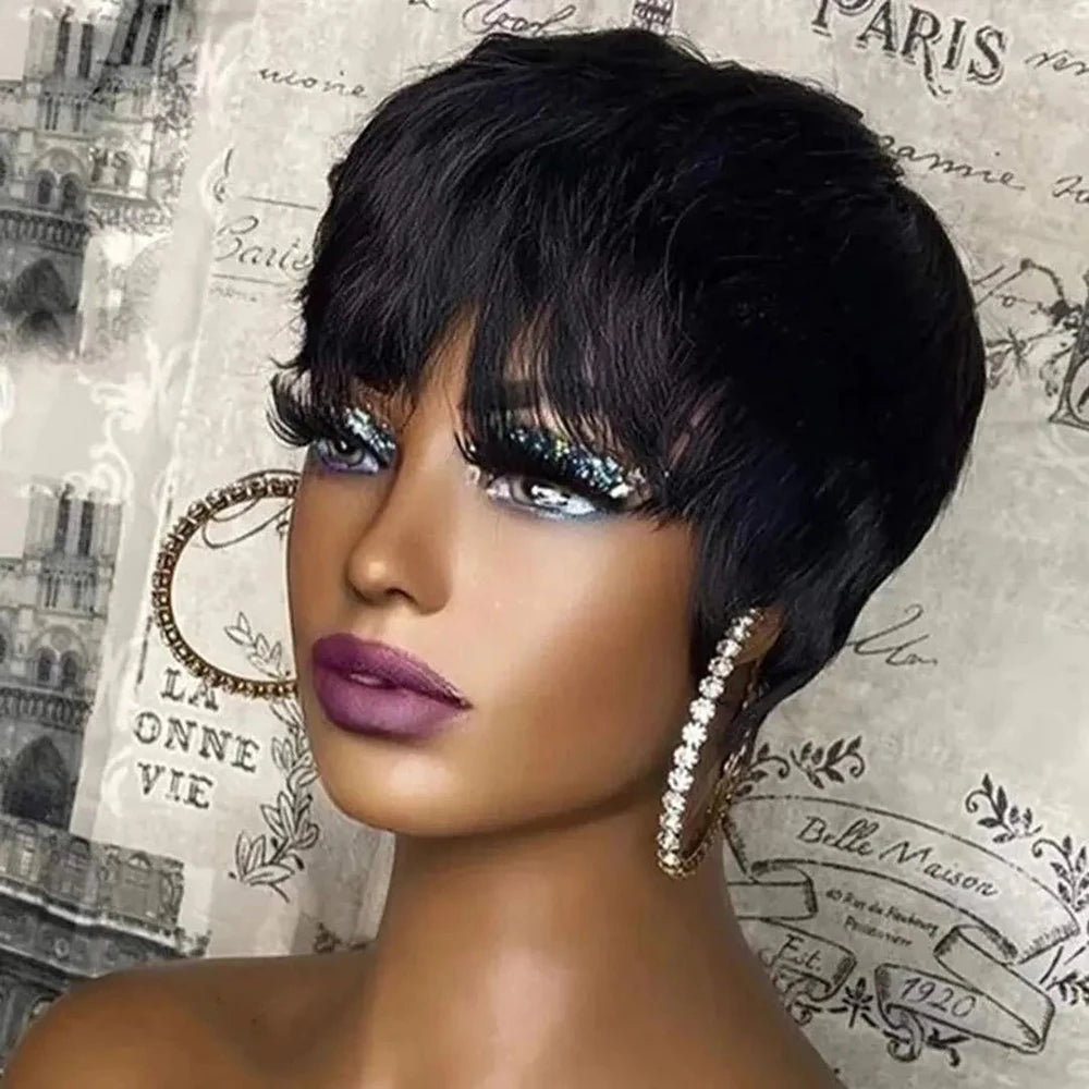 Short Pixie Human Hair Wig with Bangs