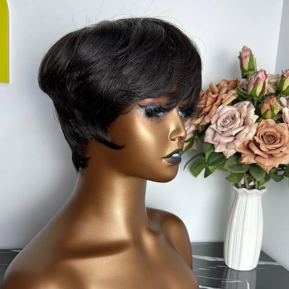 Short Pixie Human Hair Wig with Bangs