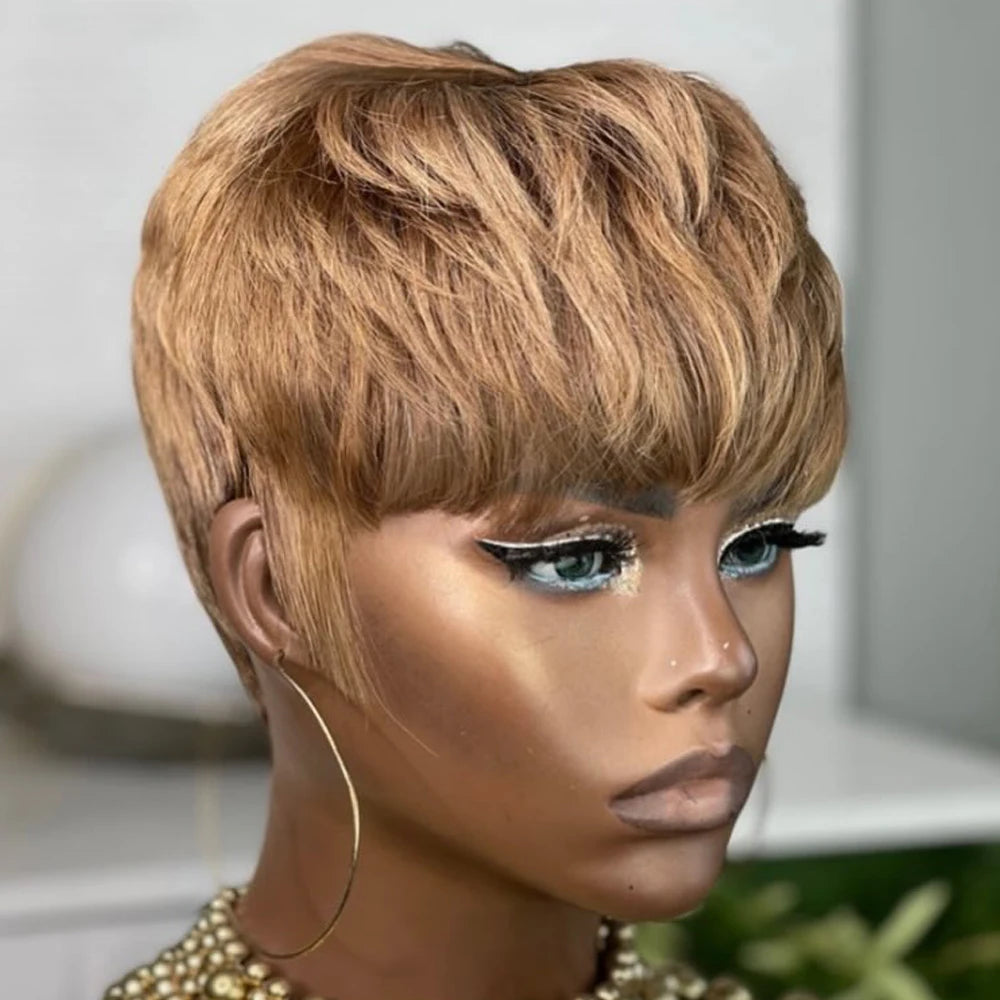 Brown Pixie Cut Human Hair Wig with Bangs
