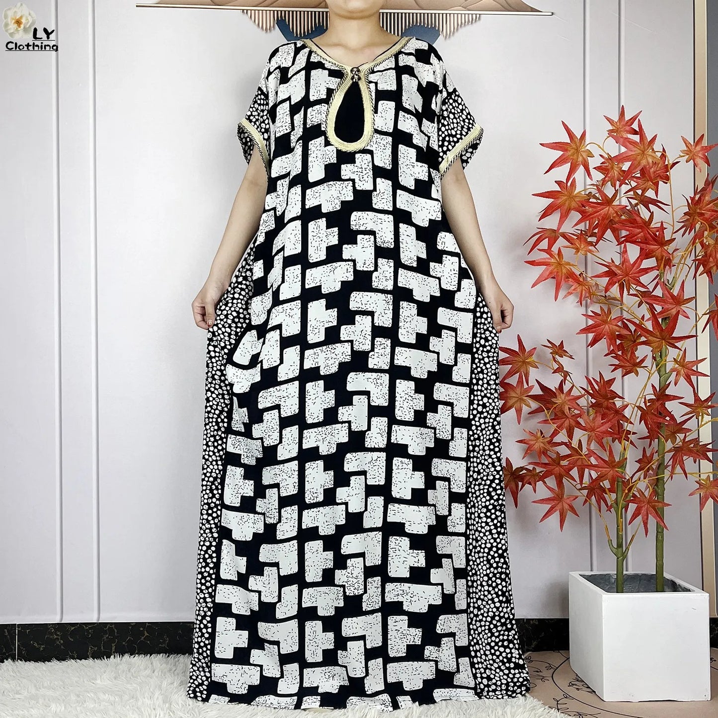 Women Cotton Loose Maxi Dress with Scarf