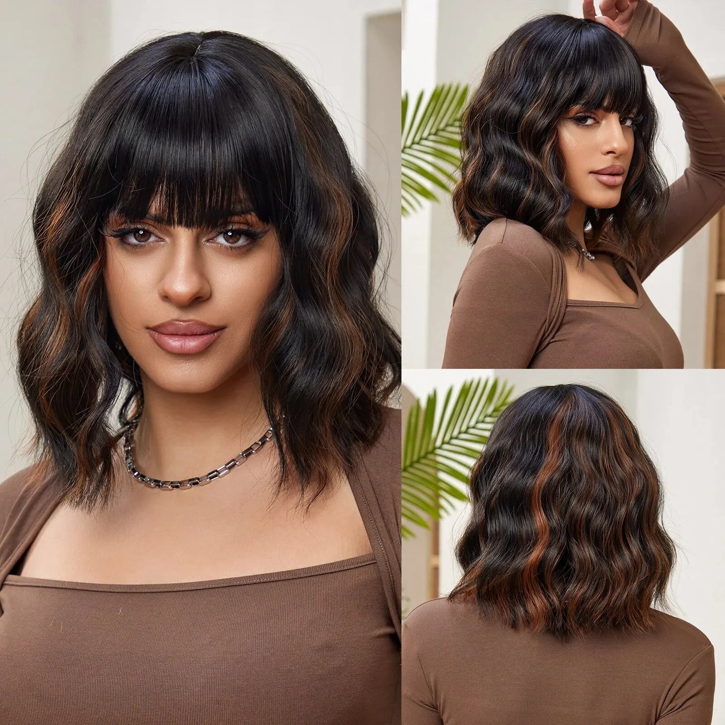 Short Wavy Bob Wig Dark Brown with Highlights