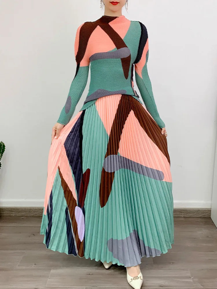 Women Pleated Top & Skirt Set