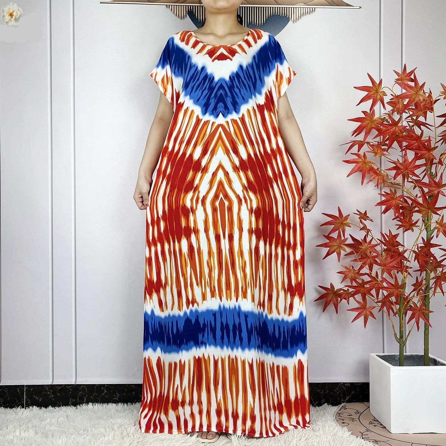 African Tie-Dye Dashiki Abaya Dress with Scarf