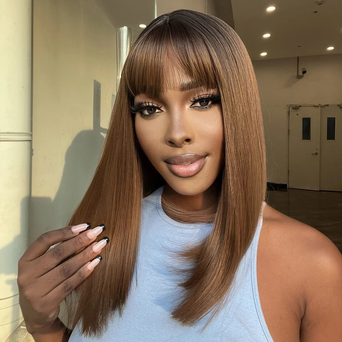 Brown Ombre Medium Length Wig with Bangs