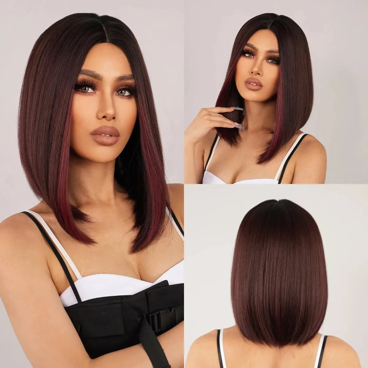 Brown Ombre Medium Length Wig with Bangs