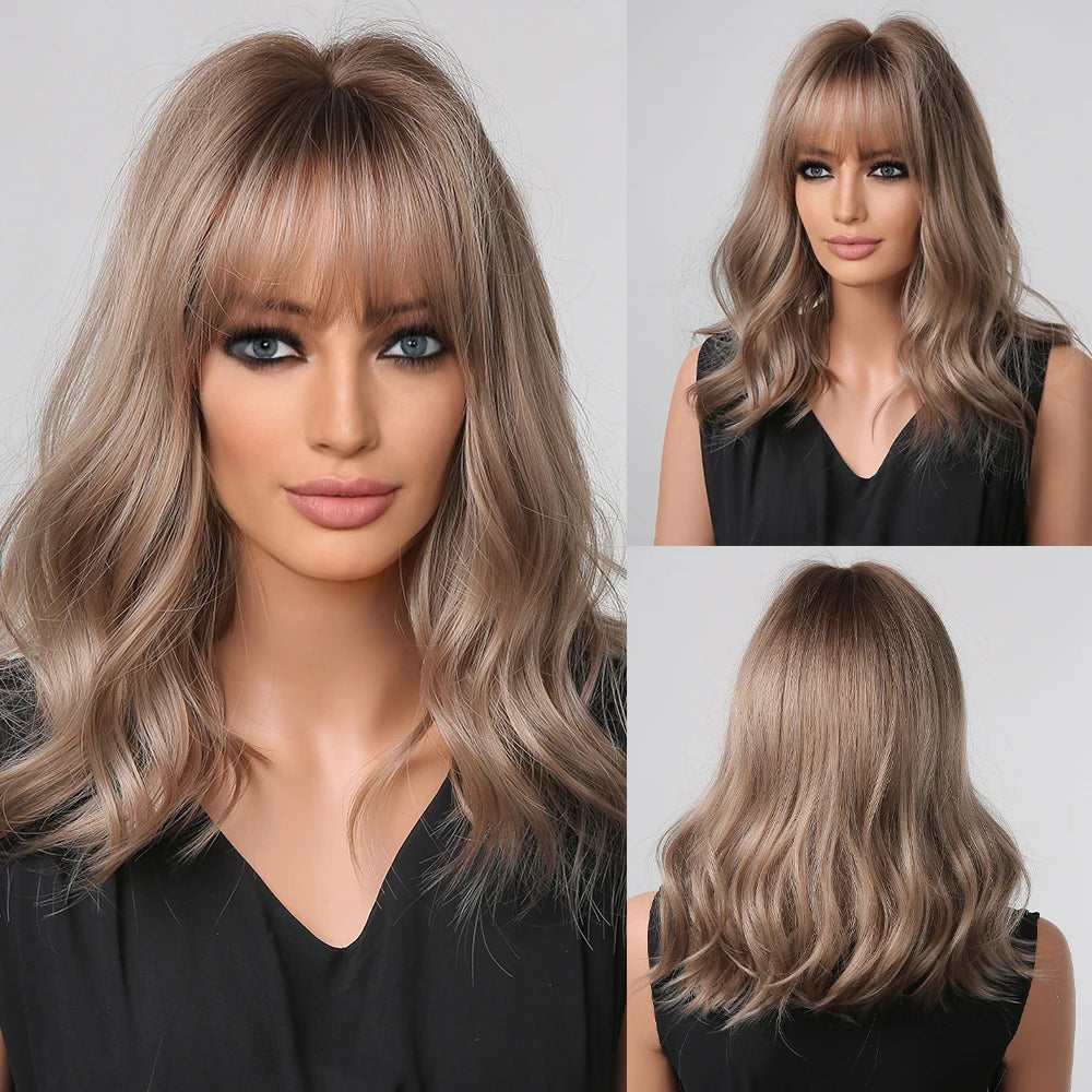 Synthetic Short Wavy Colored Wig with Bangs