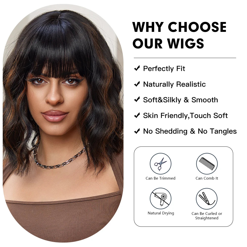 Short Wavy Bob Wig Dark Brown with Highlights