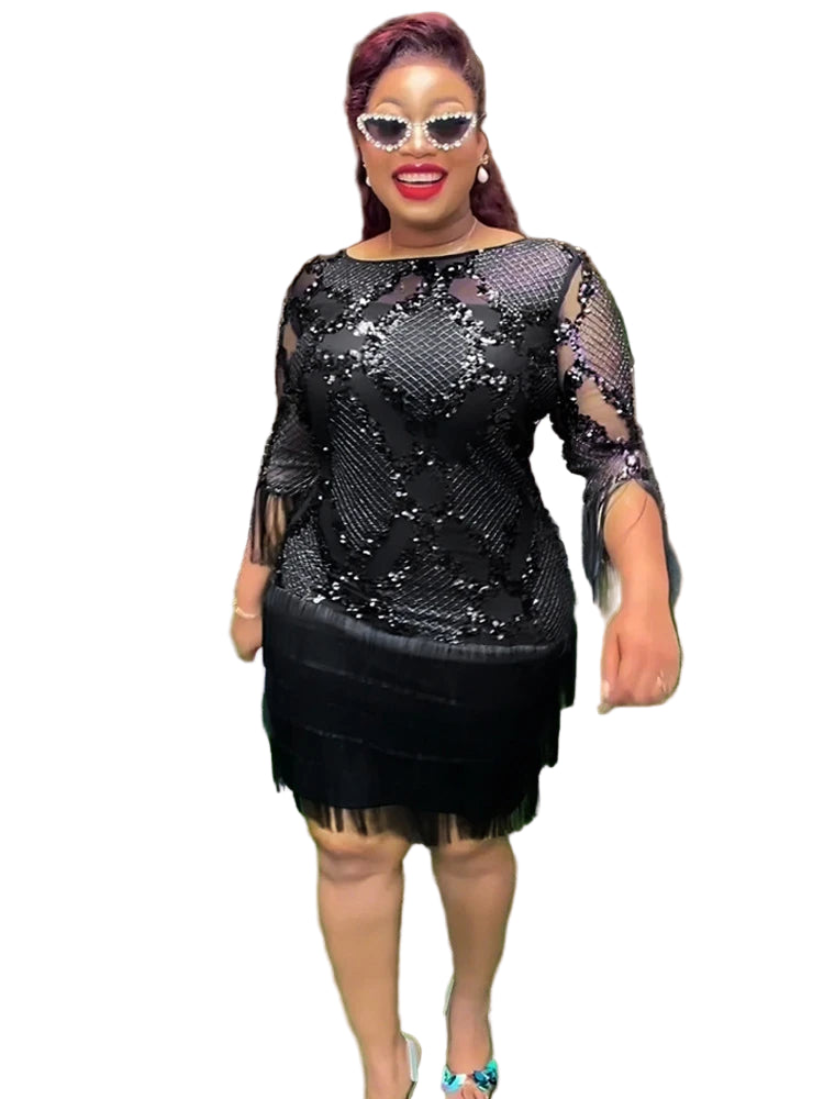 Elegant Tassel Sequin African Dress