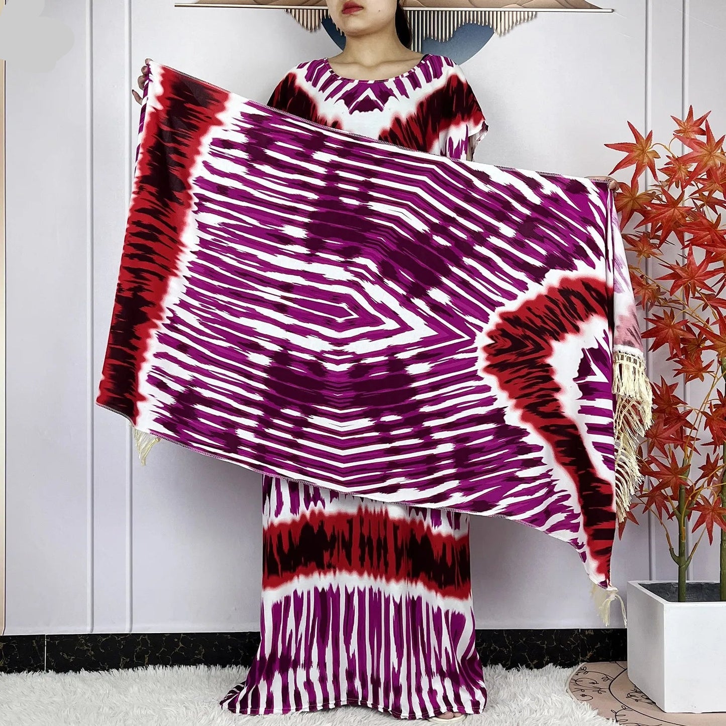 African Tie-Dye Dashiki Abaya Dress with Scarf