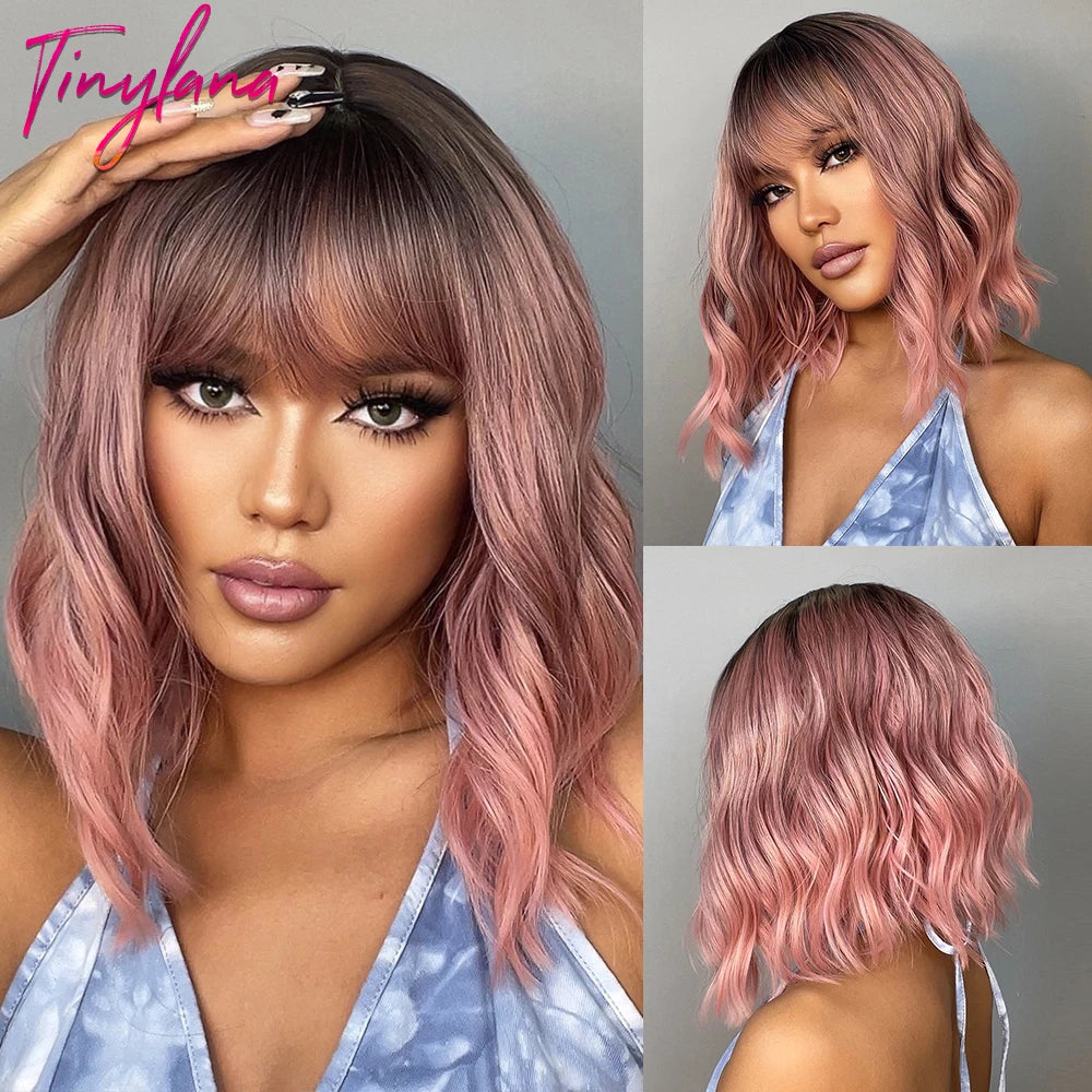 Synthetic Short Wavy Colored Wig with Bangs
