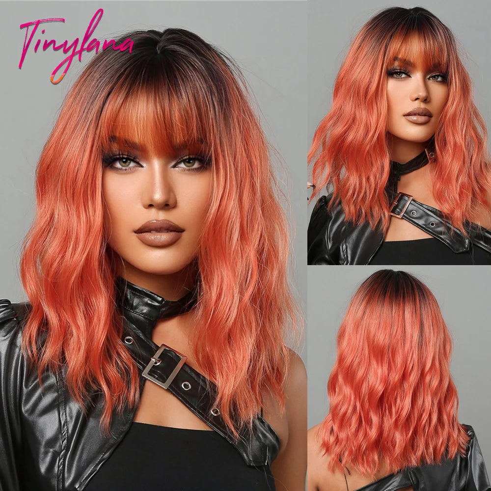 Synthetic Short Wavy Colored Wig with Bangs